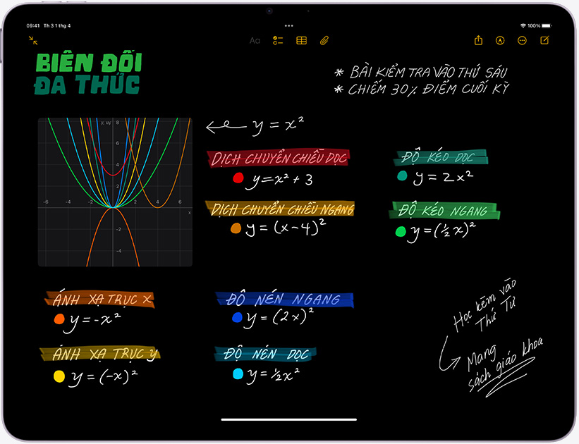 iPad Air nằm ngang, màn hình hiển thị Ghi Chú Toán Học
