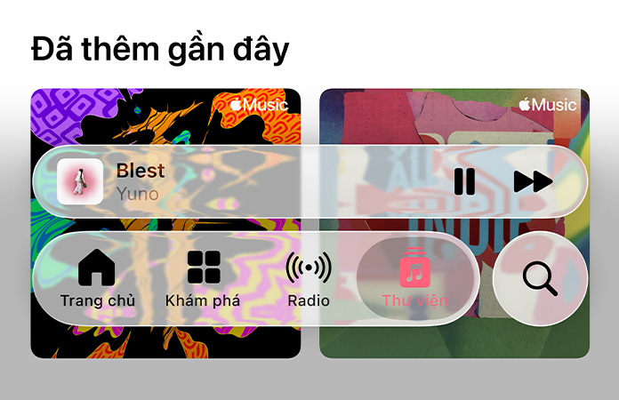 Các công cụ điều khiển trong mờ trong Apple Music với hiệu ứng khúc xạ ảnh nền