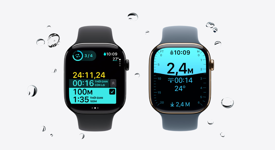 Apple Watch Series 11 devices, aluminum and titanium cases, polished jet black and gold colors, Workout app tracking Swim, water beads move off watch, Sport Bands, black and anchor blue colors